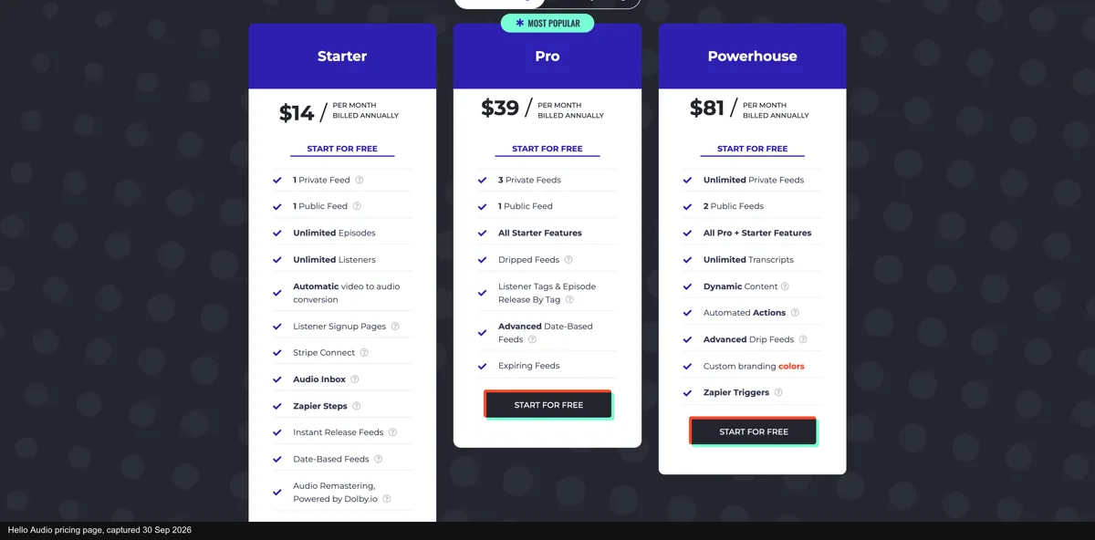 Hello Audio's pricing page, private podcast hosting plans for course creators billed annually