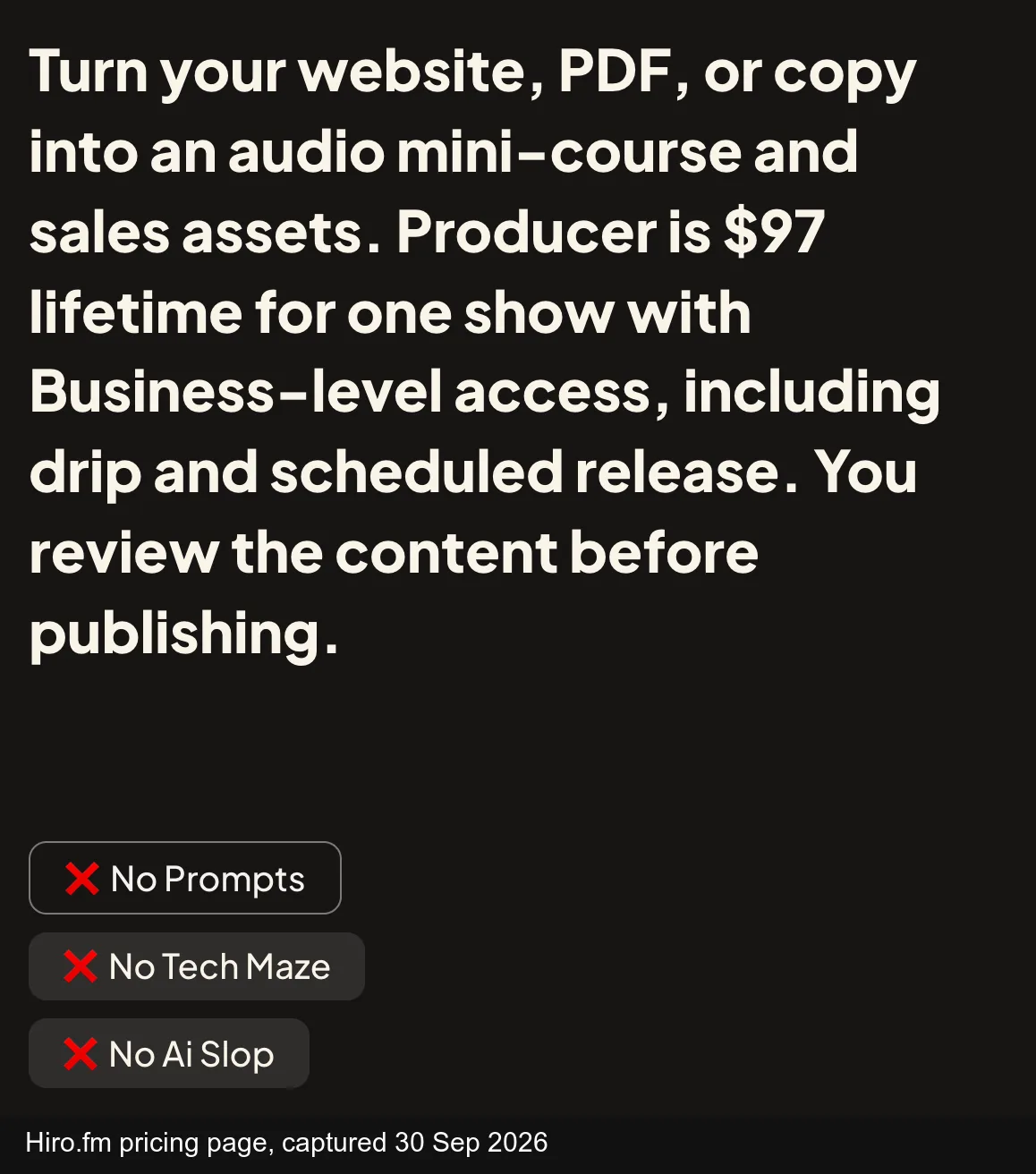 Hiro.fm's page for its producer service, which builds a one-show audio mini-course
